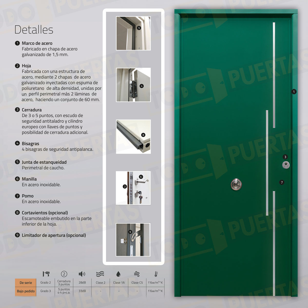 Puerta Acorazada Acacia FM Sagacor 100 Verde Musgo 6005 (Dos Caras Iguales)