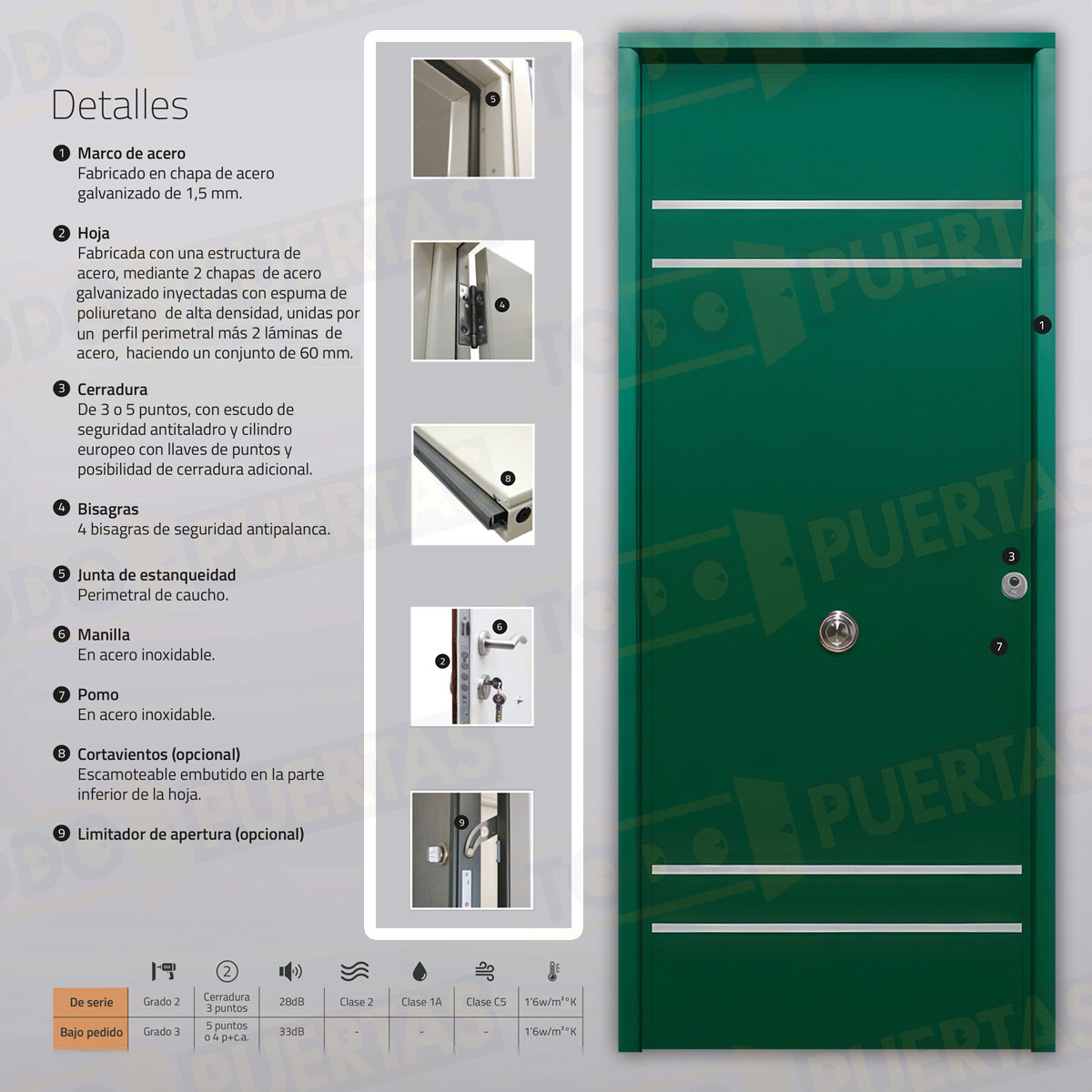 Puerta Acorazada Azalea FM Sagacor 100 Verde Musgo 6005 (Dos Caras Iguales)