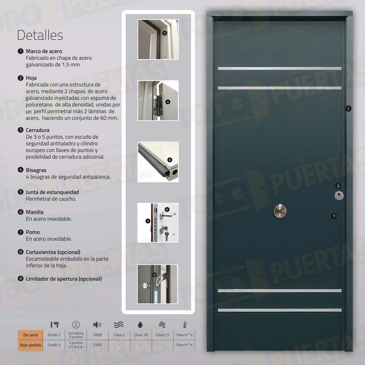 Puerta Acorazada Azalea FM Sagacor 100 Gris Antracita 7016 (Dos Caras Iguales)