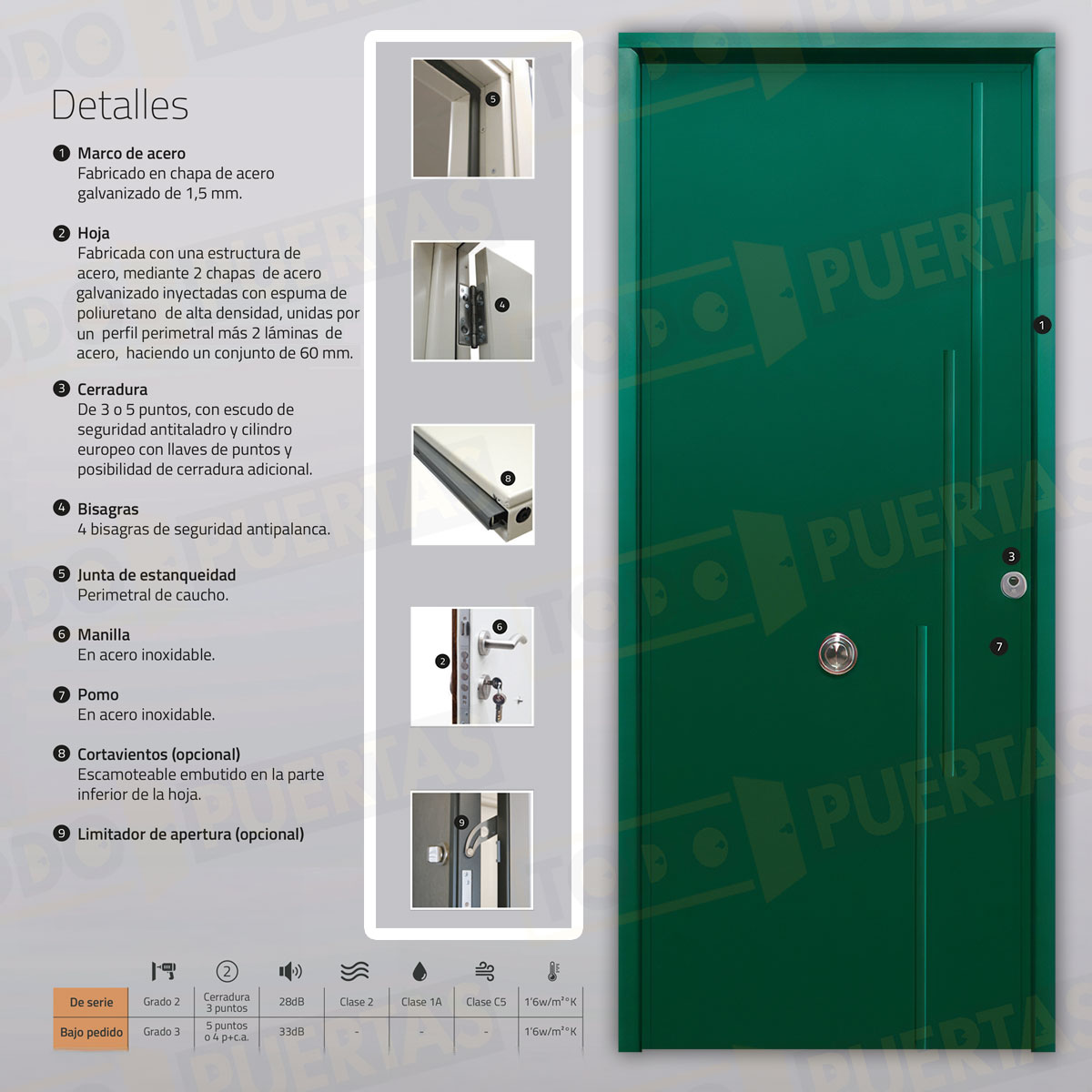 Puerta Acorazada Camelia Sagacor 100 Verde Musgo 6005 (Dos Caras Iguales)