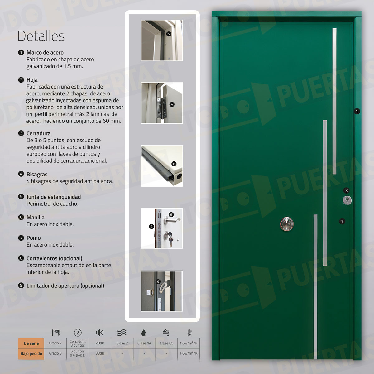 Puerta Acorazada Camelia FM Sagacor 100 Verde Musgo 6005 (Dos Caras Iguales)