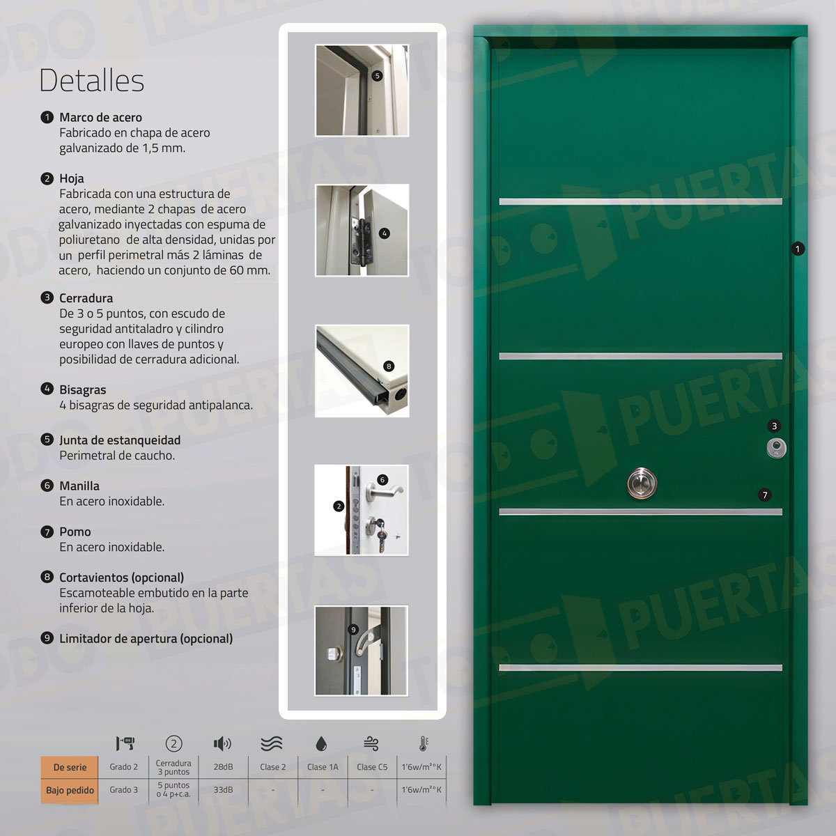 Puerta Acorazada Cintia FM Sagacor 100 Verde Musgo 6005 (Dos Caras Iguales)