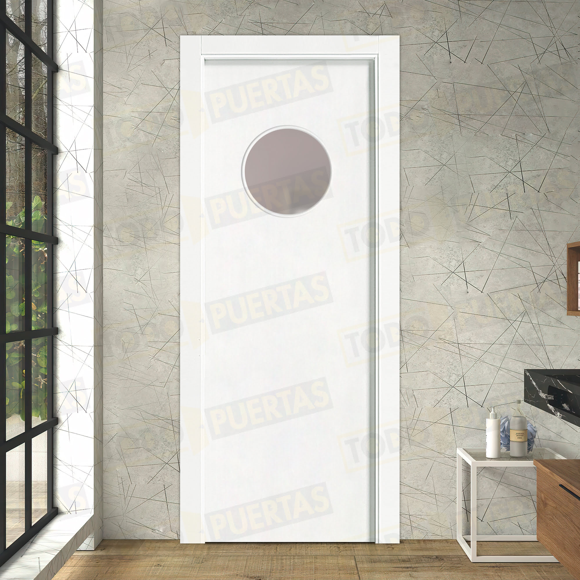 Puerta Vaivén Maciza Lacada Blanca Mod. Kenia Ojo de Buey