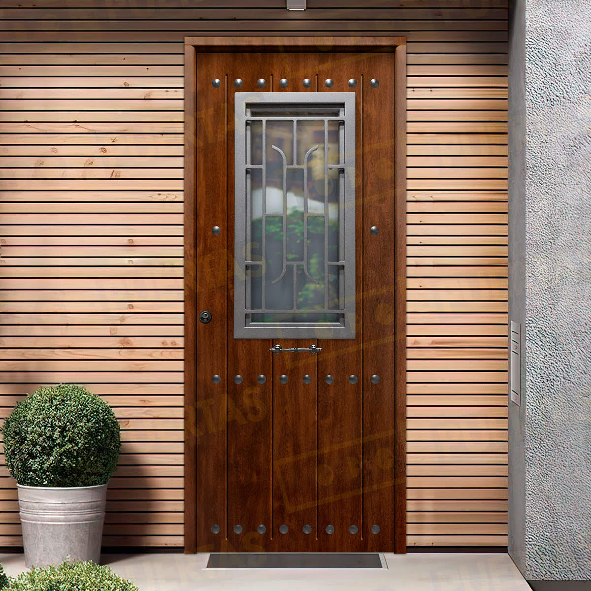 Puerta Galvanizada 1150 CL-CR-Reja / 1110 Saga 100 Cristal Embero (Cara Interior Lisa)