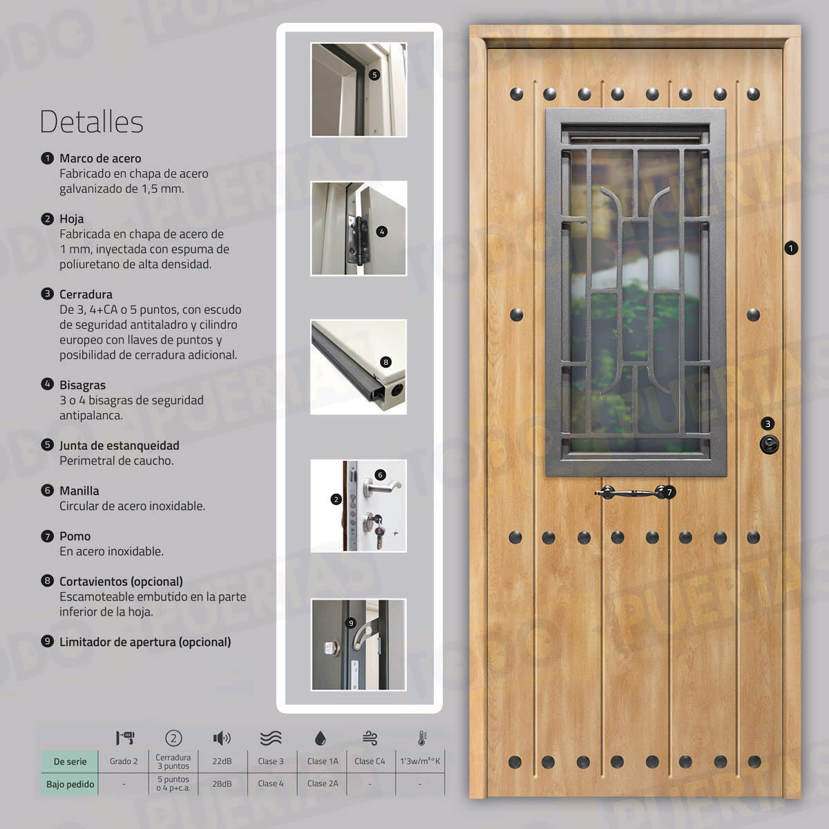 Puerta Galvanizada 1150 CL-CR-Reja / 1110 Saga 100 Cristal Roble (Cara Interior Lisa)
