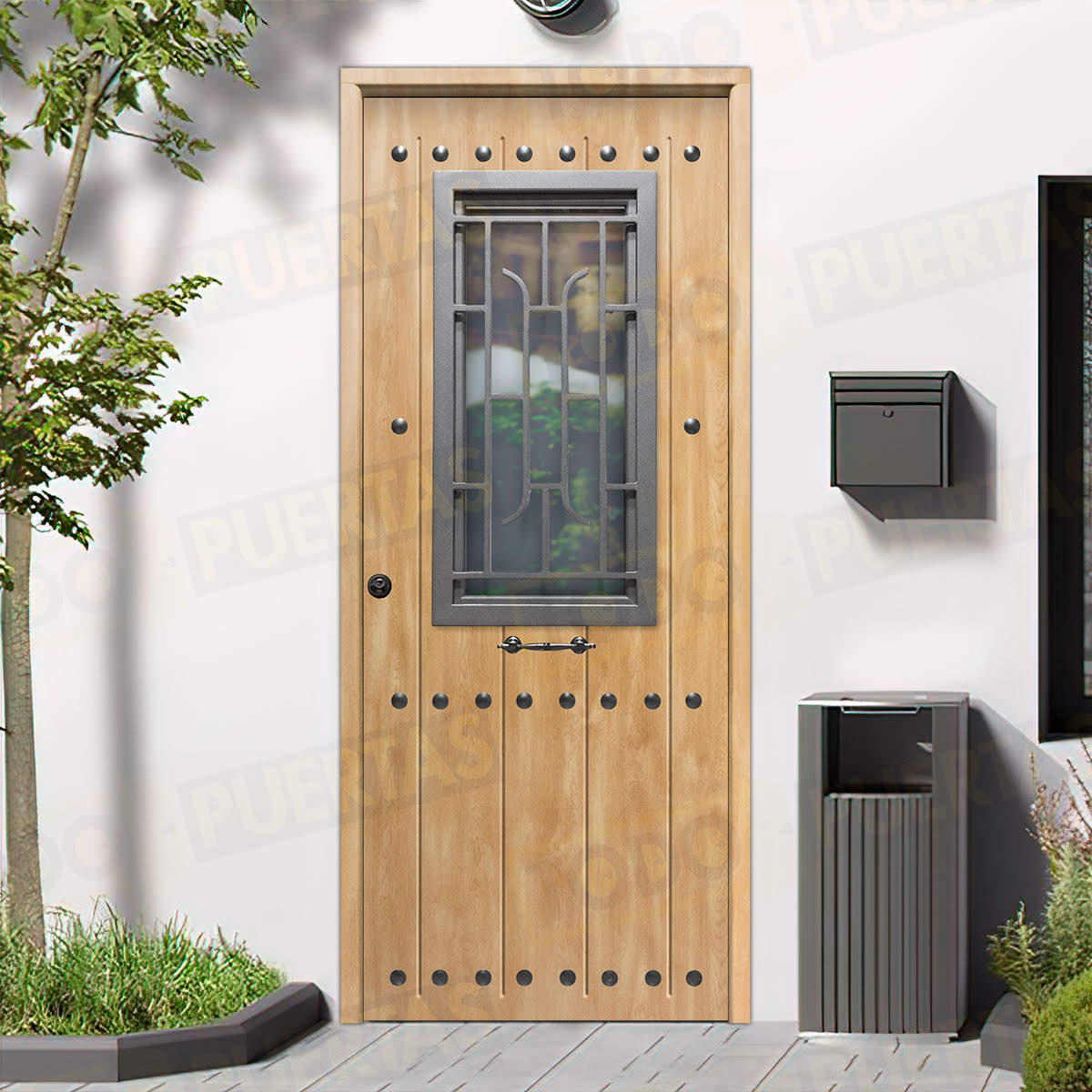 Puerta Galvanizada 1150 CL-CR-Reja / 1110 Saga 100 Cristal Roble (Cara Interior Lisa)